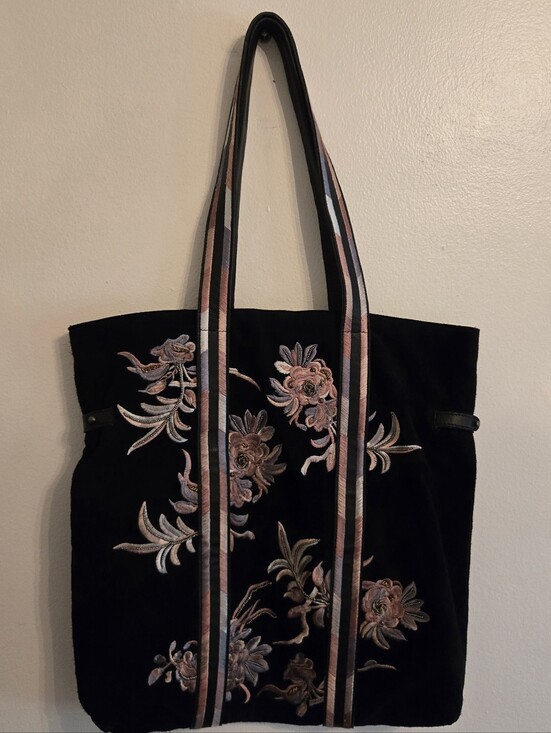 Free People Handbags - Free People Black Suede Embroidered Beaded Tote Bag Purse